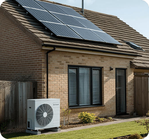 A home with solar panels and a heatpump
