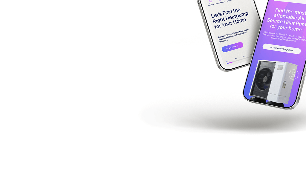 A mobile showing a compare heatpump provider website against a white backdrop