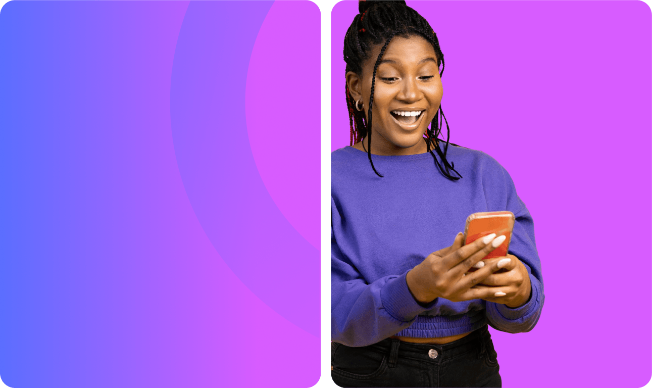 A decorative background with a woman wearing a purple jumper looking happily at her phone